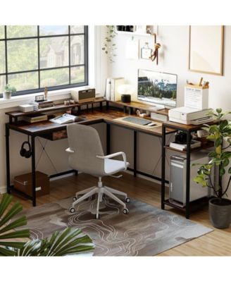 L Shaped Desk with Drawers and Led Lights, 55 Inch Computer Desk with Shelves & Monitor Stand, L Shaped Computer Desk with USB Charging Port and Power Outlets, Home Office Desk Corner Desk