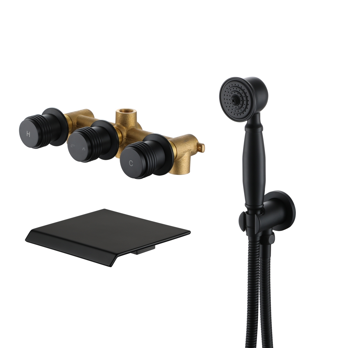 Matte Black Wall Mounted Bathtub Faucet with Handheld Shower Head Brass Wall Mounted Tub Waterfall Spout Bathtub Shower Faucet - Matte black