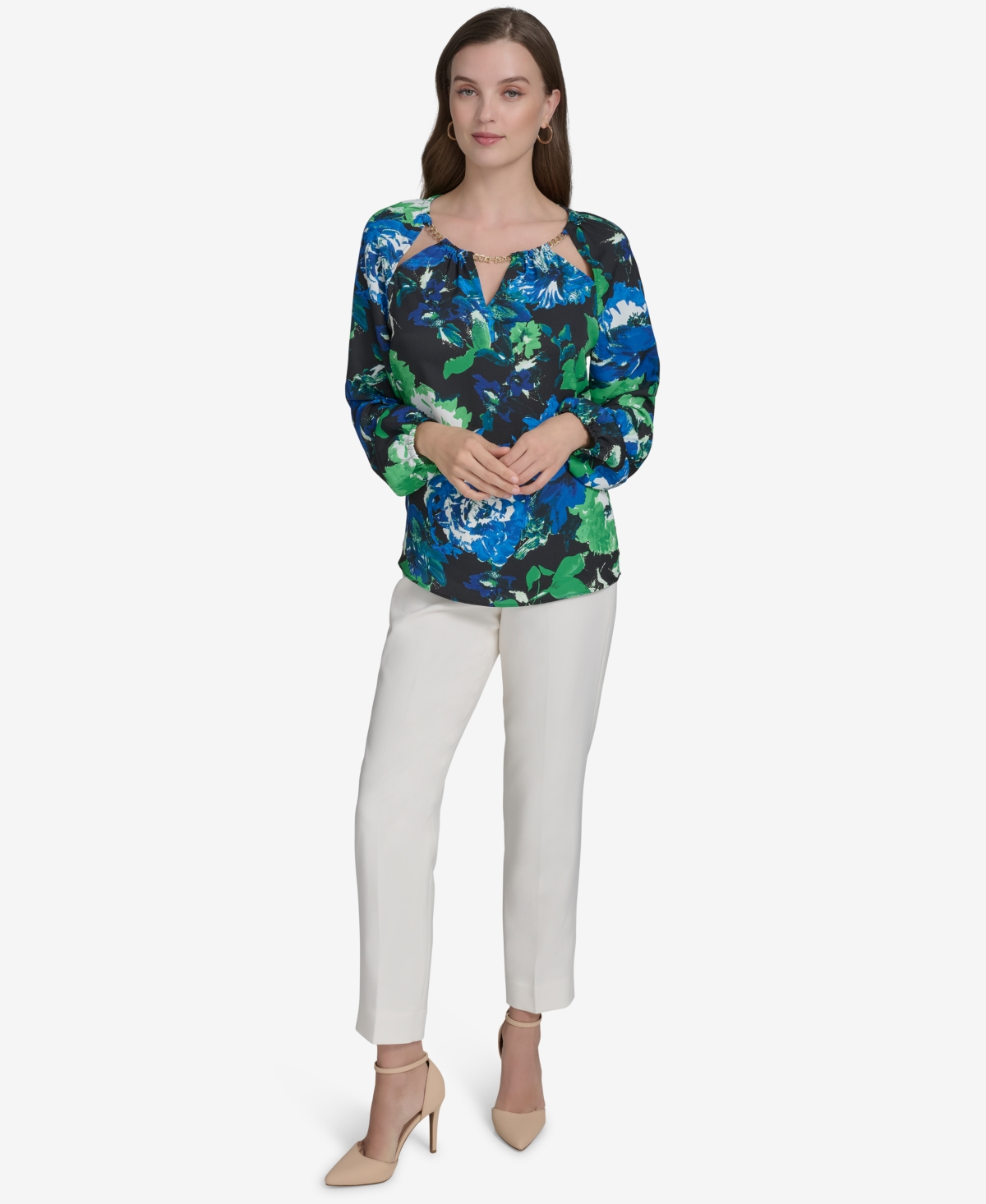 HALSTON WOMEN'S FLORAL-PRINT CHAIN CUT-OUT BLOUSE 