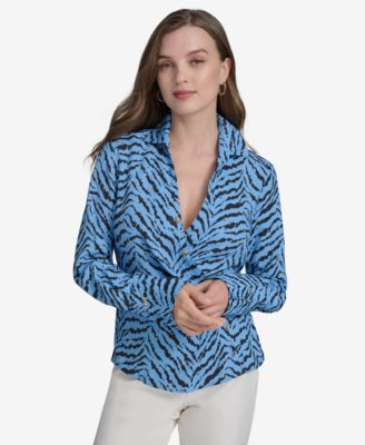 Halston - Women's Printed Faux-Wrap Collared Blouse