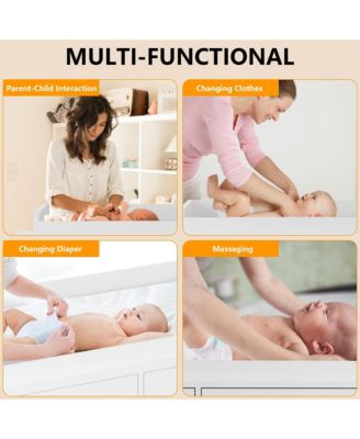 6-drawer, wood & metal, changing table dresser with removable top, power outlets, and pad – nursery station for baby bedroom.