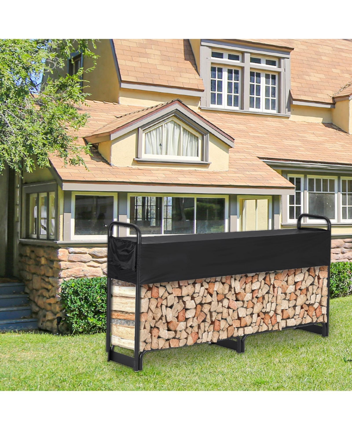 8.5 Ft Outdoor Firewood Rack With Cover, 1/2 Cord of Firewood, Heavy Duty Firewood Holder & Waterproof Cover for Fireplace Patio - Black