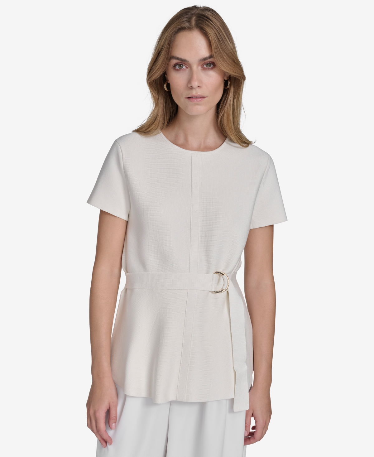 HALSTON WOMEN'S SHORT-SLEEVE BELTED ROUND-NECK BLOUSE 