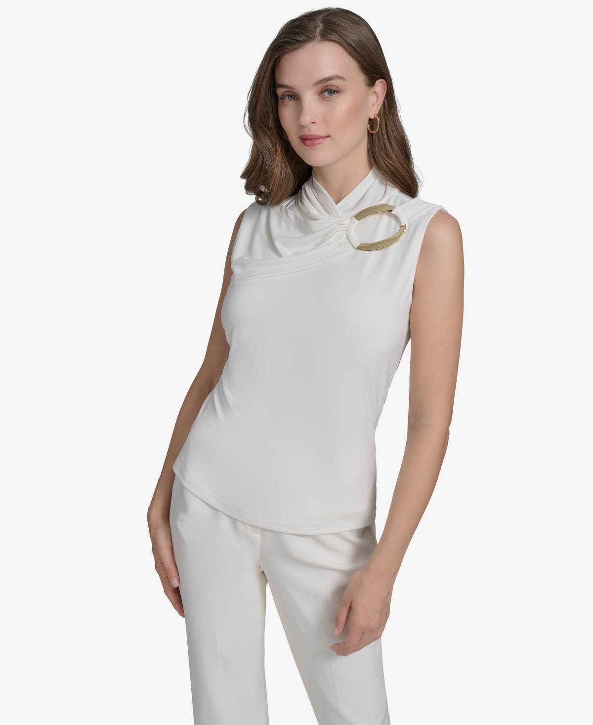 HALSTON WOMEN'S SLEEVELESS CROSSOVER HARDWARE TOP