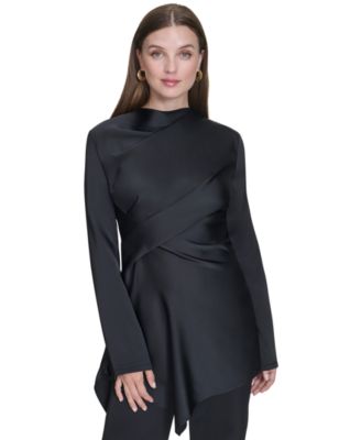 Halston - Women's Twill-Satin Draped-Front High-Neck Tunic