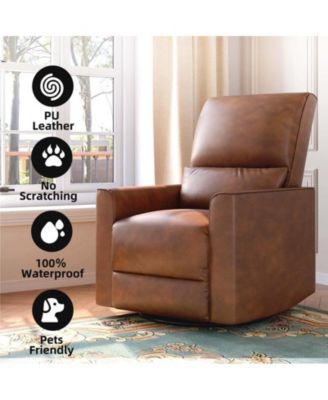 360°Swivel Rocking Recliner Chair, Glider Rocking Chair, Upholstered Faux Leather Reclining, Manual Recliner Chair with Lumbar Support, Nursery Rocker Recliner for Living Room, Bedroom, Beige