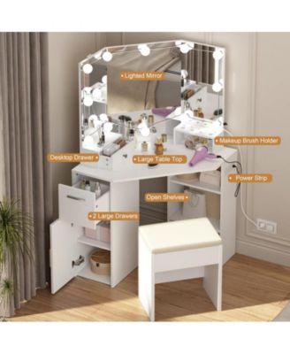 2-Pc MDF Corner Vanity with Mirror Lights, Power Outlet, 2 Drawers, Stool, 3-Color Lighting – Vanity Table