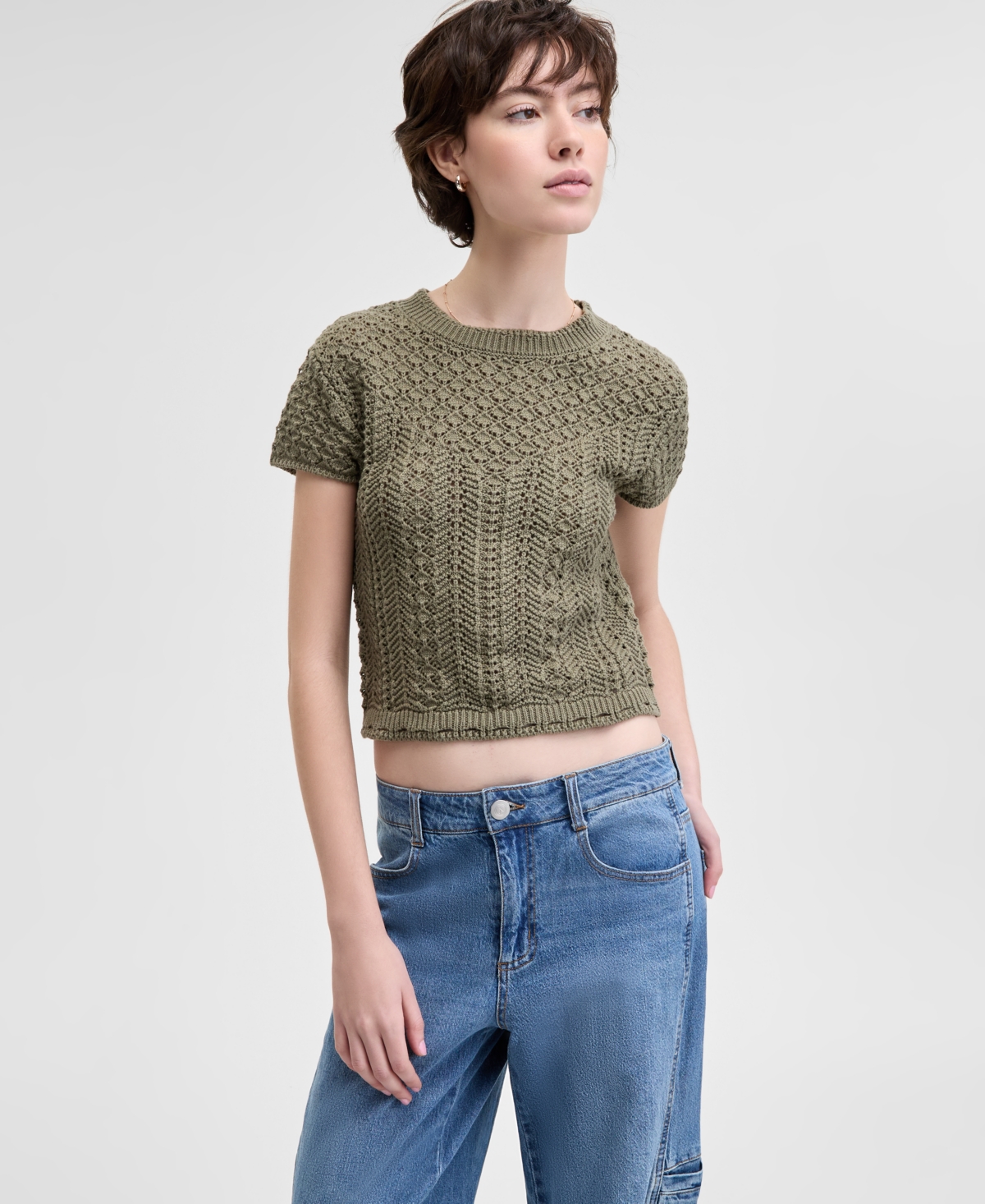 Women's Crochet Short-Sleeve Sweater, Exclusively at Macy's - Crushed Oregano