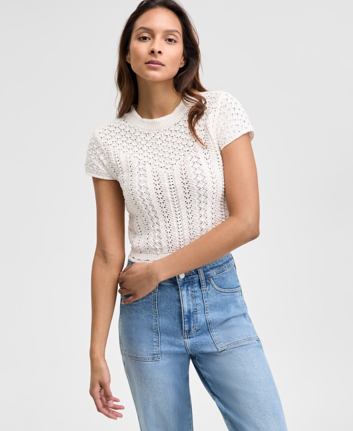 Women's Crochet Short-Sleeve Sweater, Exclusively at Macy's - Sugar Swizzle