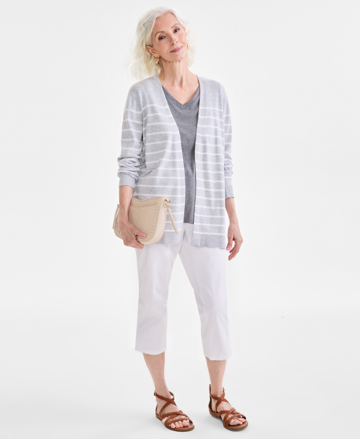 Style & Co Women's Striped Open-front Long-sleeve Cardigan, Exclusively At Macy's In Stripe Heather Grey