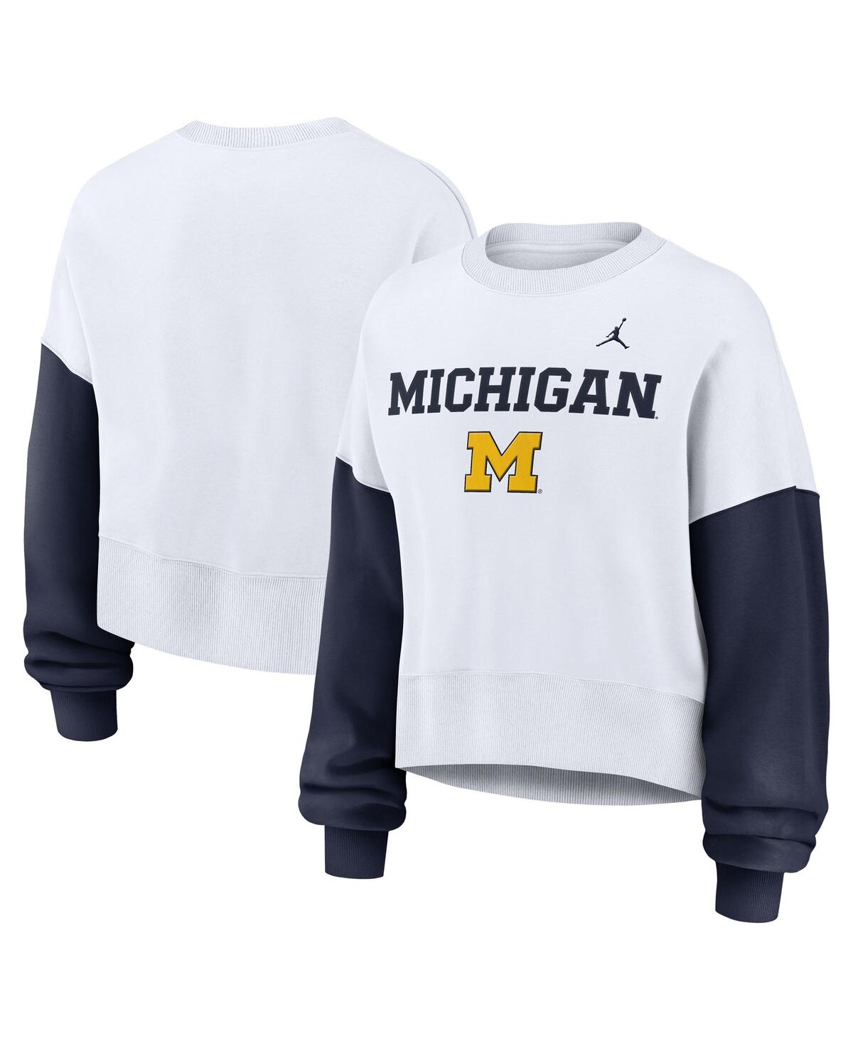 Nike Women's White Michigan Wolverines Color-block Oversized Cropped Pullover Sweatshirt In White,navy