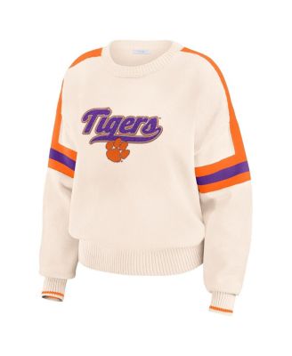 Women's Cream Clemson Tigers Chenille Woven Patch Stripe Pullover Sweater