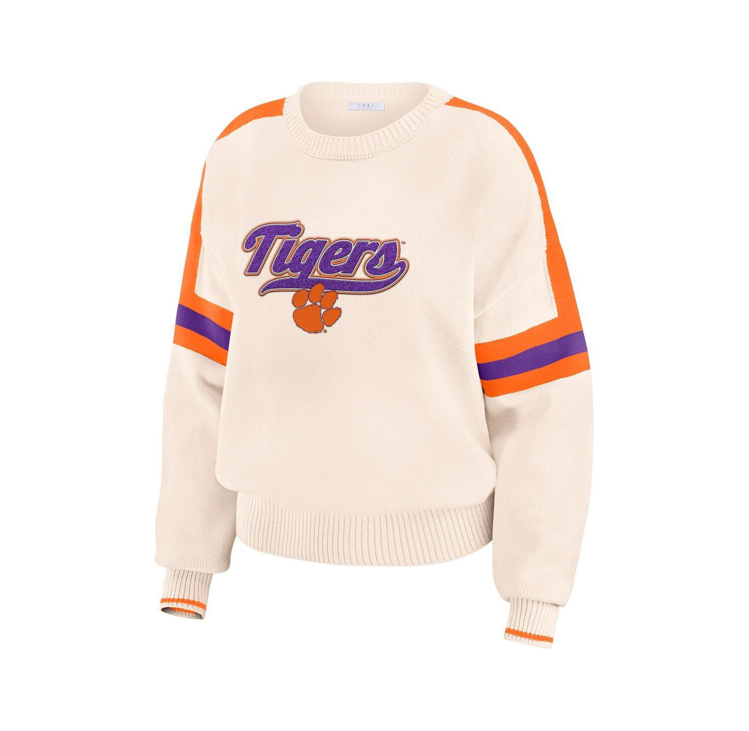 Women's Cream Clemson Tigers Chenille Woven Patch Stripe Pullover Sweater