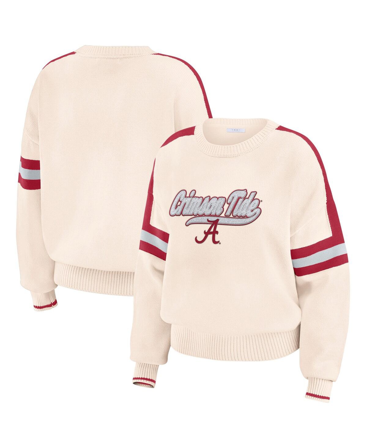 Women's Cream Alabama Crimson Tide Chenille Woven Patch Stripe Pullover Sweater - Cream, Crimson