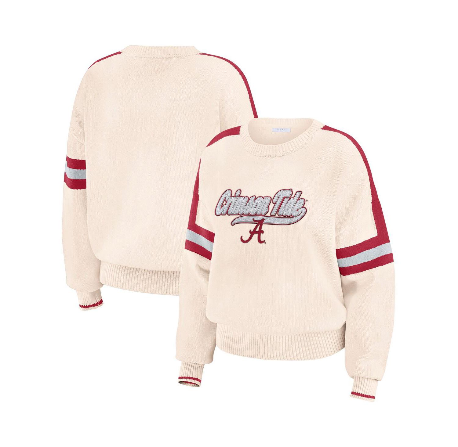 Women's Cream Alabama Crimson Tide Chenille Woven Patch Stripe Pullover Sweater