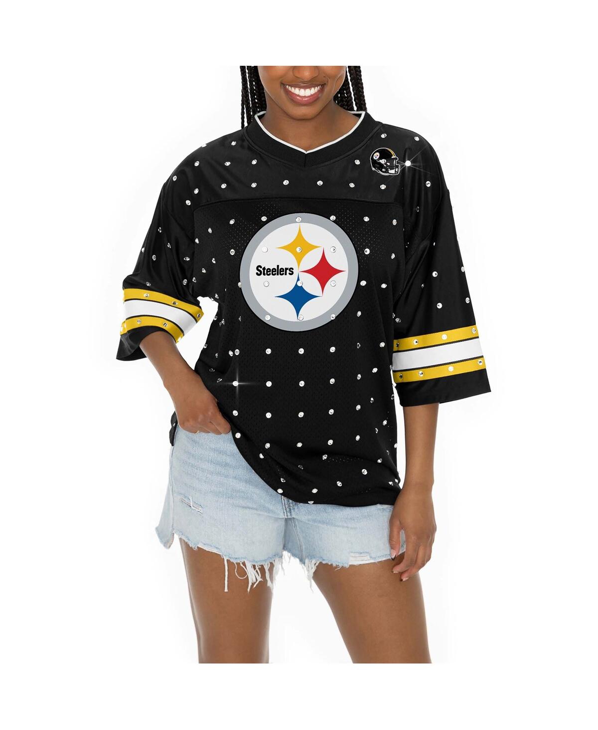 Gameday Couture Women's Black Pittsburgh Steelers Kickoff Time Allover Rhinestone Sports Stripe Jersey V-neck T-shir In Black