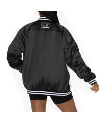 Women's Black/White Las Vegas Raiders Oversized Hot Shot Rhinestone Throwback Full-Snap Varsity Bomber Jacket