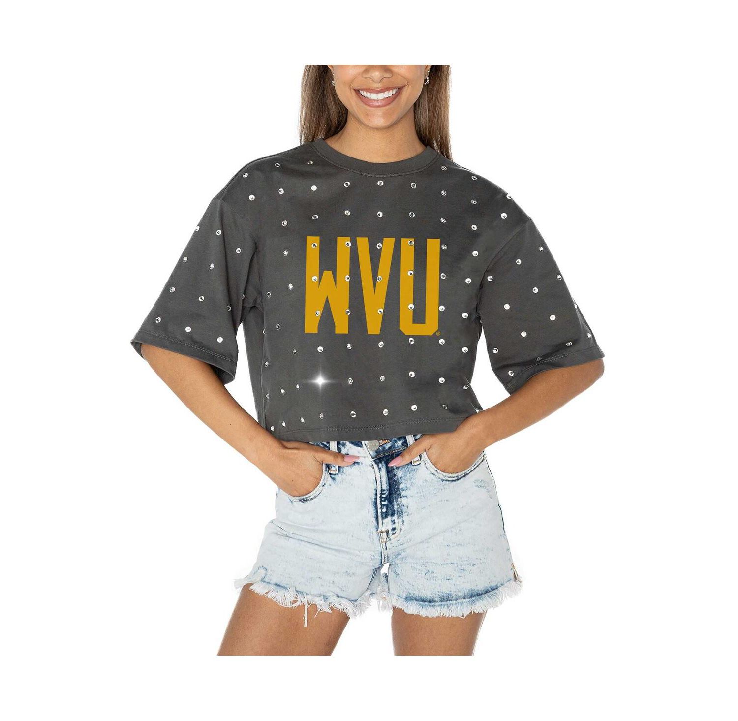 Women's Gray West Virginia Mountaineers Go Time Rhinestone Crop T-Shirt