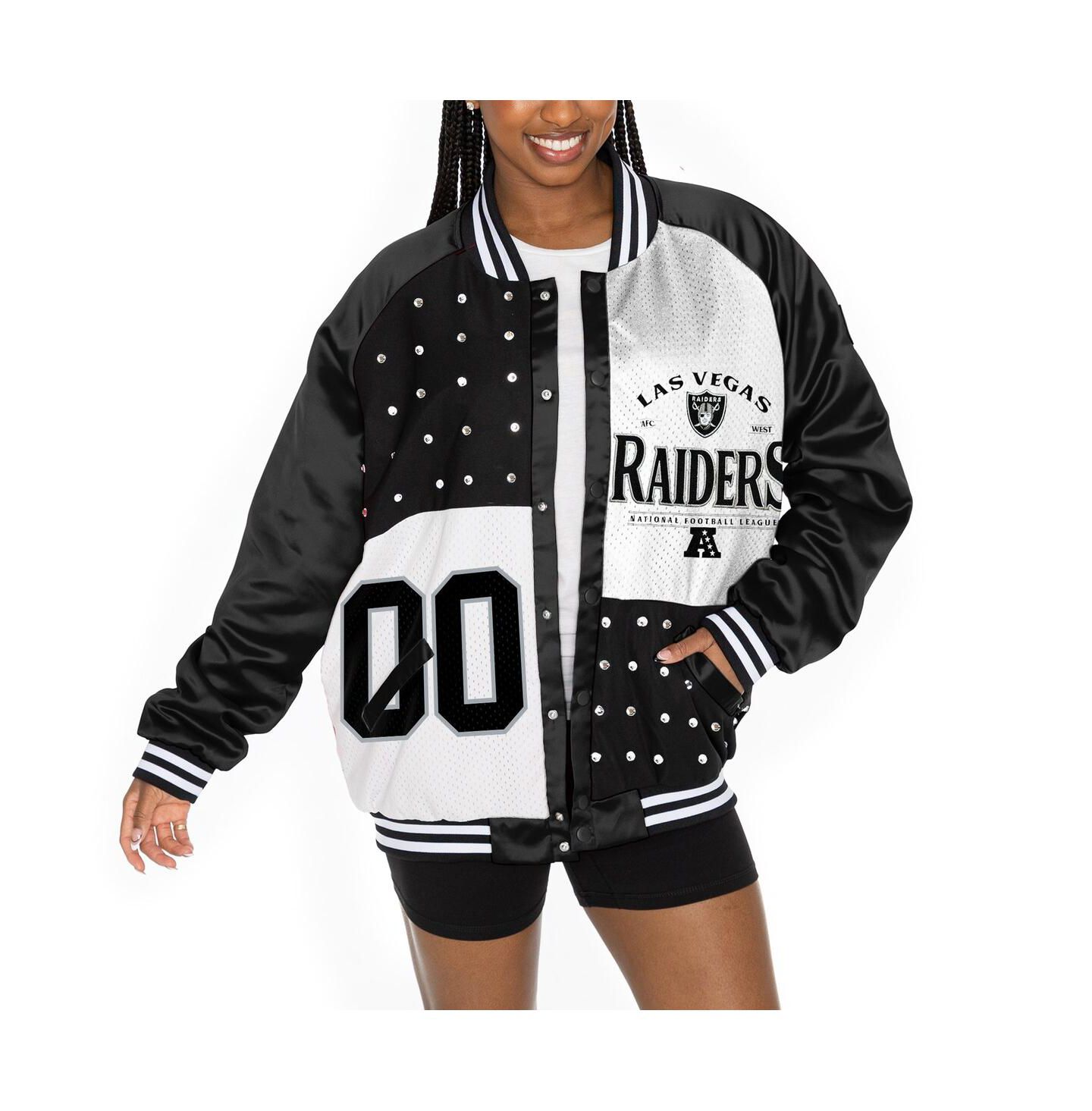 Женская куртка Gameday Couture Black/White Las Vegas Raiders Oversized Hot Shot Rhinestone Throwback Full-Snap Varsity Bomber — фото 1
