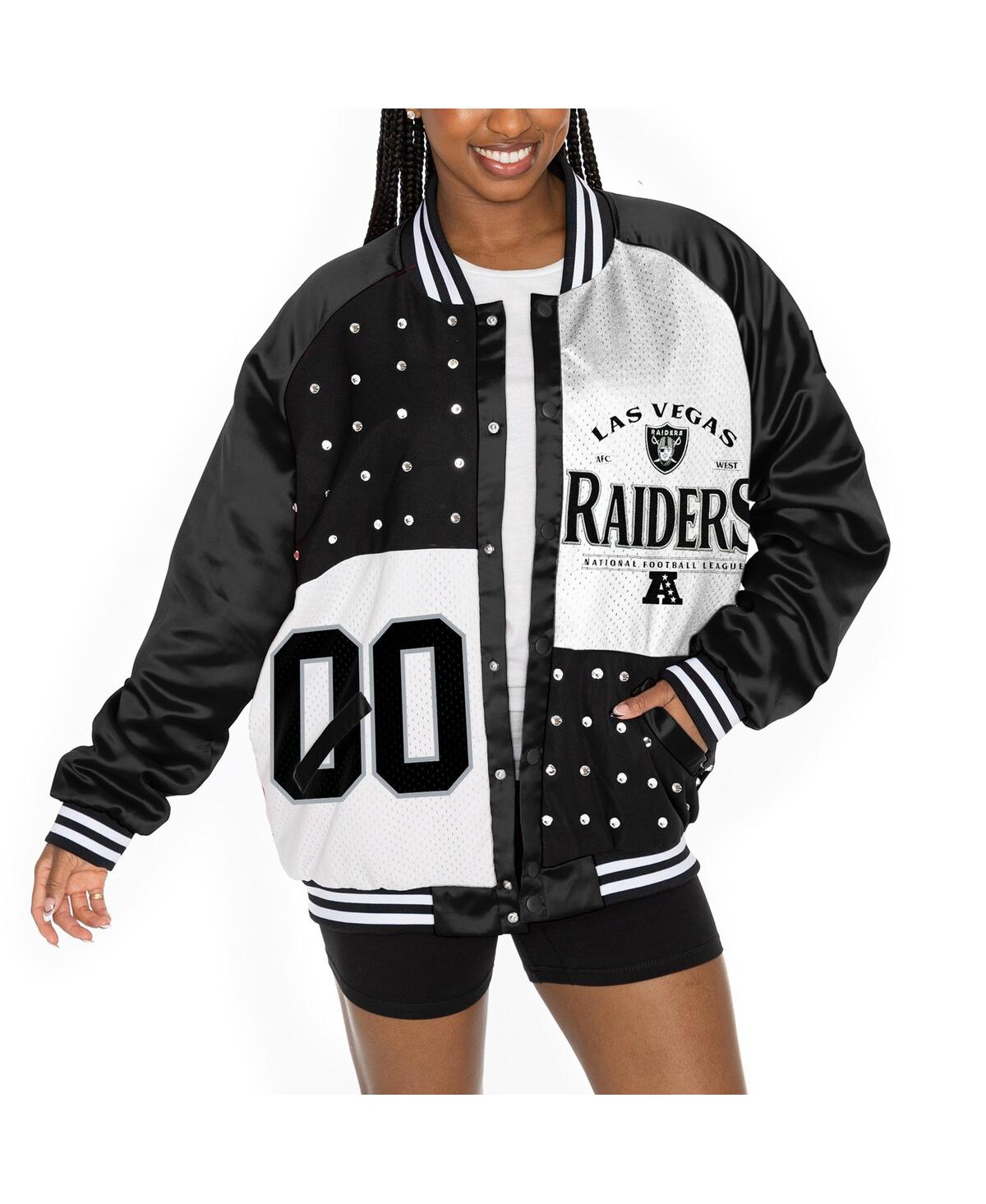 GAMEDAY COUTURE WOMEN'S BLACK/WHITE LAS VEGAS RAIDERS OVERSIZED HOT SHOT RHINESTONE THROWBACK FULL-SNAP VARSITY BOMB 
