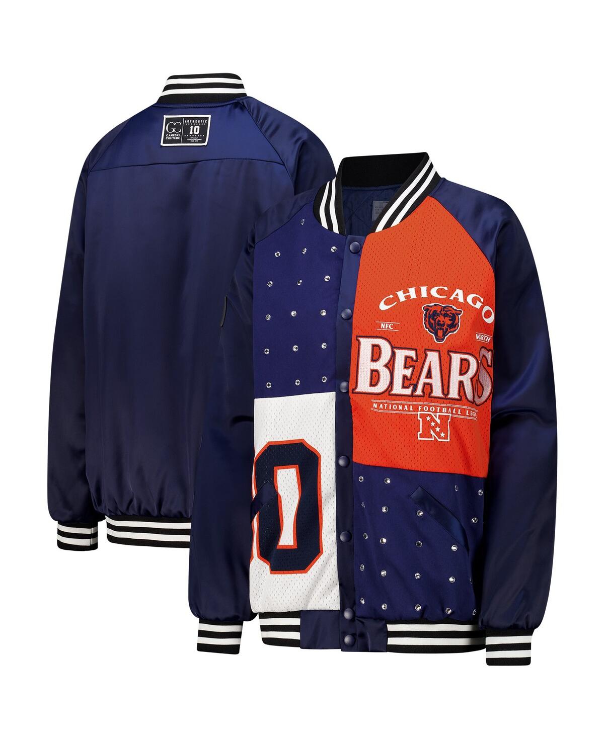 Women's Navy/Orange Chicago Bears Oversized Hot Shot Rhinestone Throwback Full-Snap Varsity Bomber Jacket - Navy, Orange
