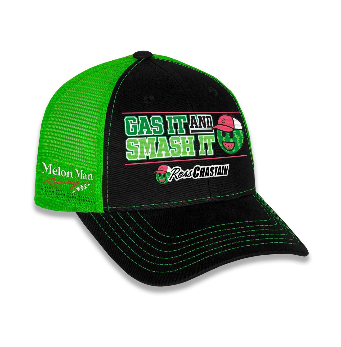 Мужская кепка Checkered Flag Sports Black/Green Ross Chastain Gas It Smash It Adjustable Hat — фото 1