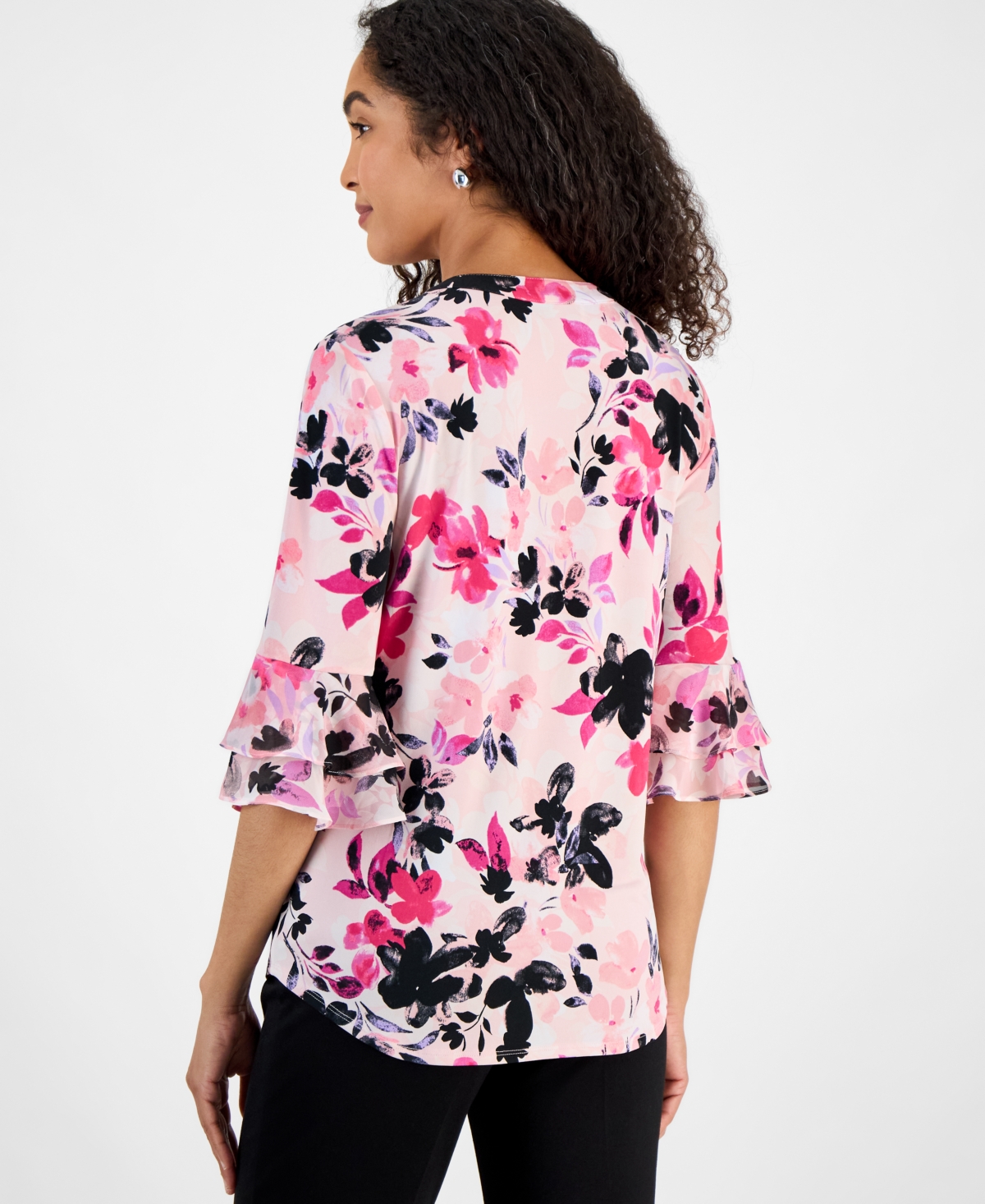 Kasper Women's Floral Print Split-neck Bell-sleeve Blouse, Regular And Petite In Tutu Pink Multi