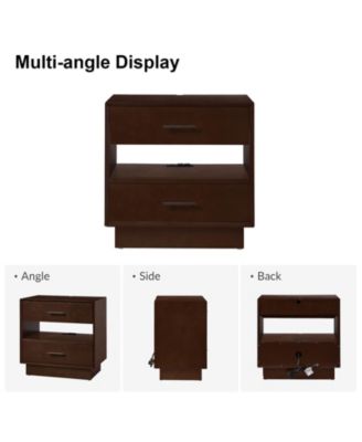 Zulema Mid-Century Modern 2-Drawer Nightstand with Built-In Outlets and Hidden Drawer
