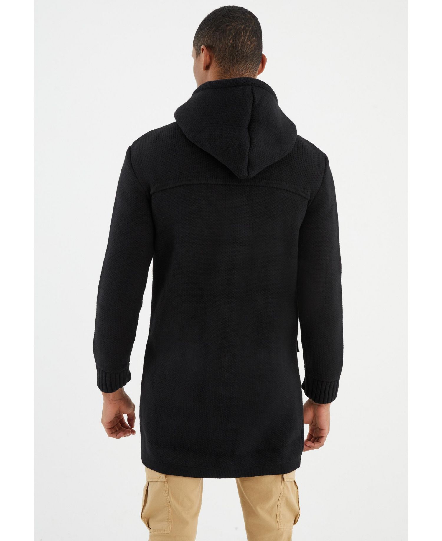 Men's Men s Long Hooded Knit Coat-Style Cardigan with Toggle Closure
