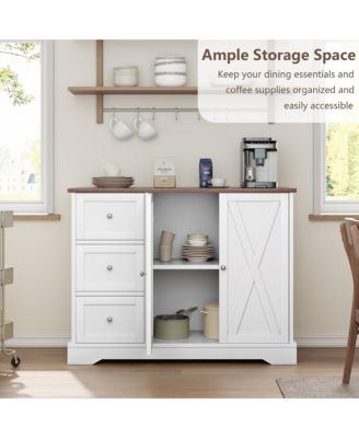 Farmhouse Kitchen Cabinet with 3 Drawers, 2 Barn Doors, and Spacious Countertop for Storage and Display