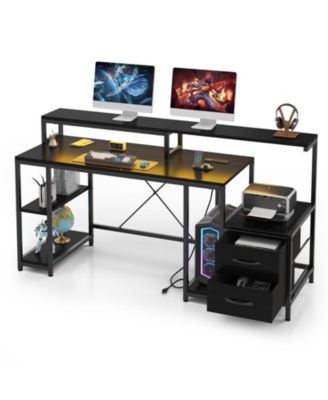 Computer Desk 63" with File Drawer, Gaming Desk with Led Light & Power Outlets, Home Office Desk with Printer Space, Storage Shelves & Monitor Stand, Ideal for Work Game Study