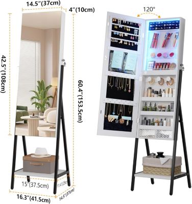 60" LED Jewelry Mirror, Standing Armoire with Storage