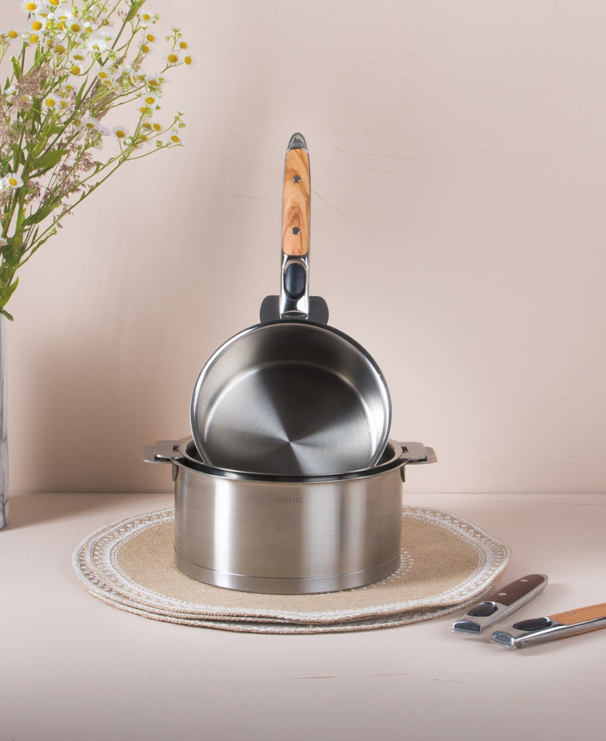 Cristel Stainless Steel Strate 1 Qt. Saucepan Set With Handles In Silver