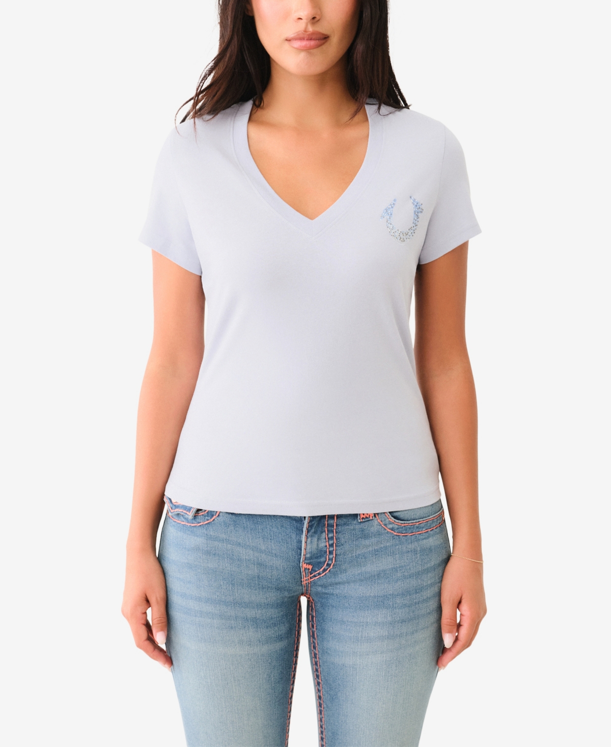 TRUE RELIGION WOMEN'S PAINTED OMBRE CRYSTALS V NECK TOP 
