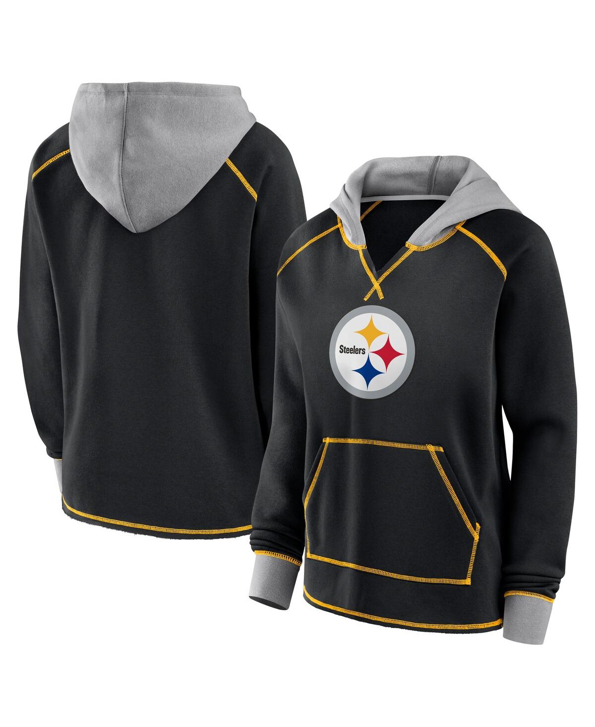 Women's Black Pittsburgh Steelers Boom Fleece Pullover V-Neck Hoodie - Black