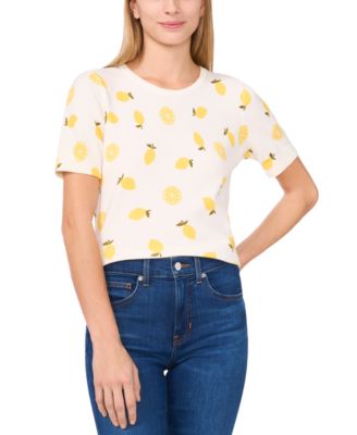 CeCe - Women's Lemon-Print Short-Sleeve Cotton Crewneck Sweater