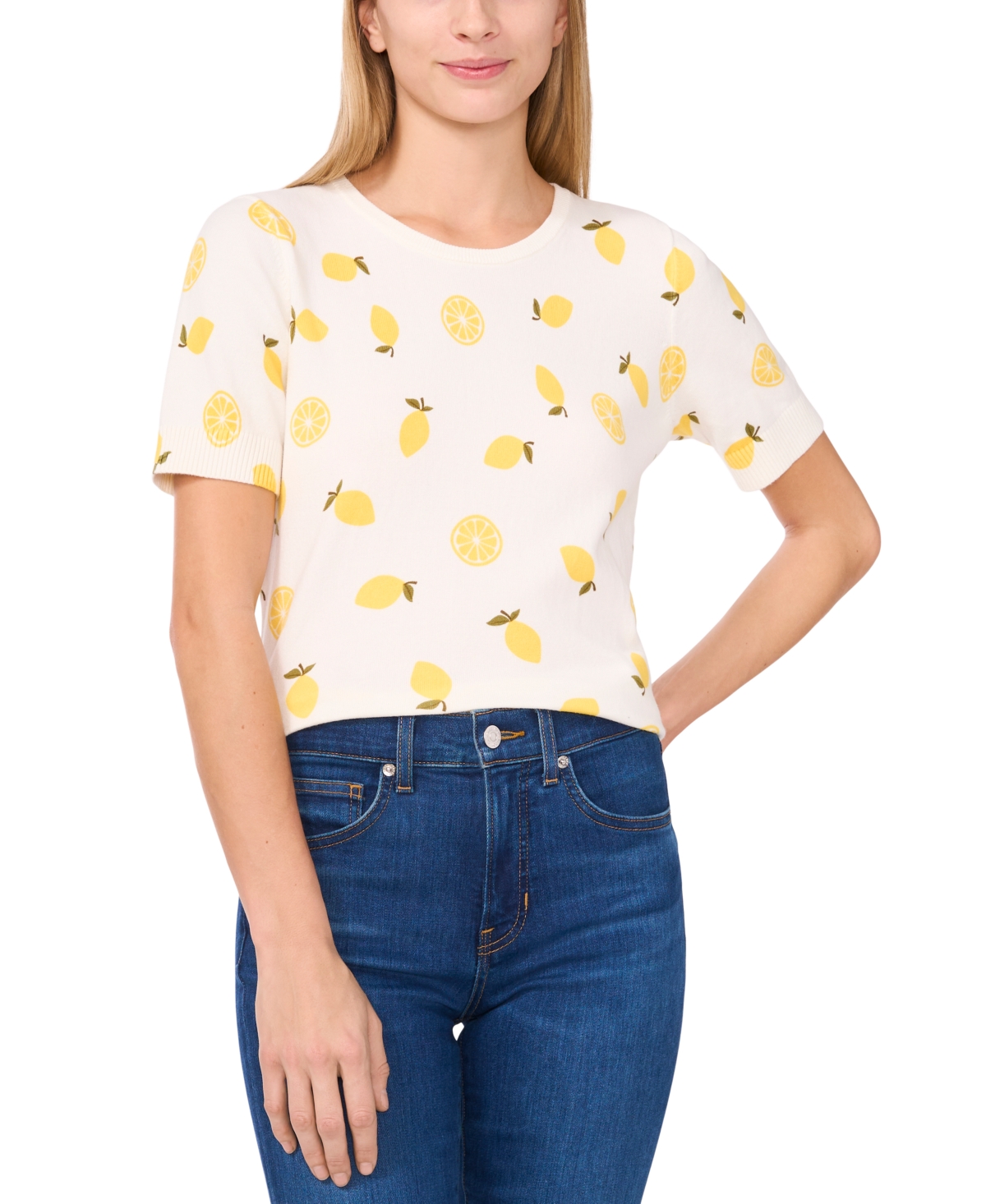 CeCe Women's Lemon-Print Short-Sleeve Cotton Crewneck Sweater
