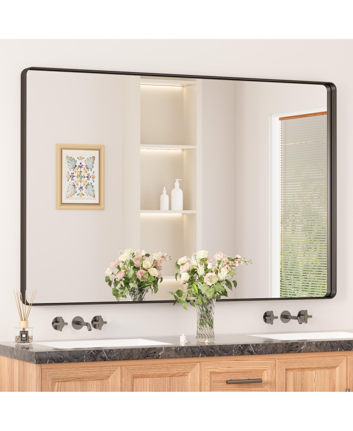 55x36 Inch Brushed Gold Bathroom Vanity Mirror Tempered Glass Metal Framed - Brushed gold