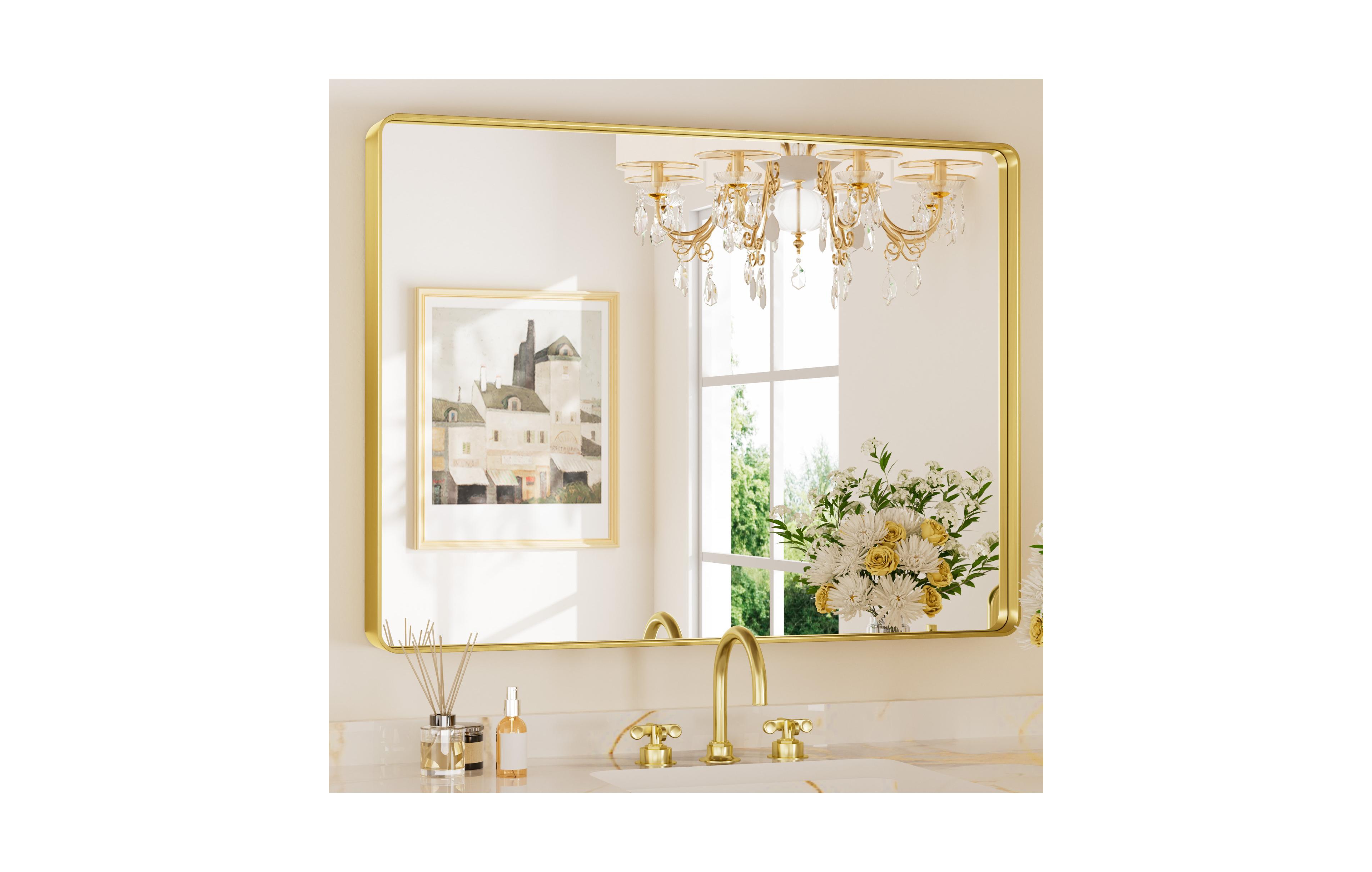 Keonjinn 55x36 Inch Brushed Gold Bathroom Vanity Mirror Tempered Glass Metal Framed