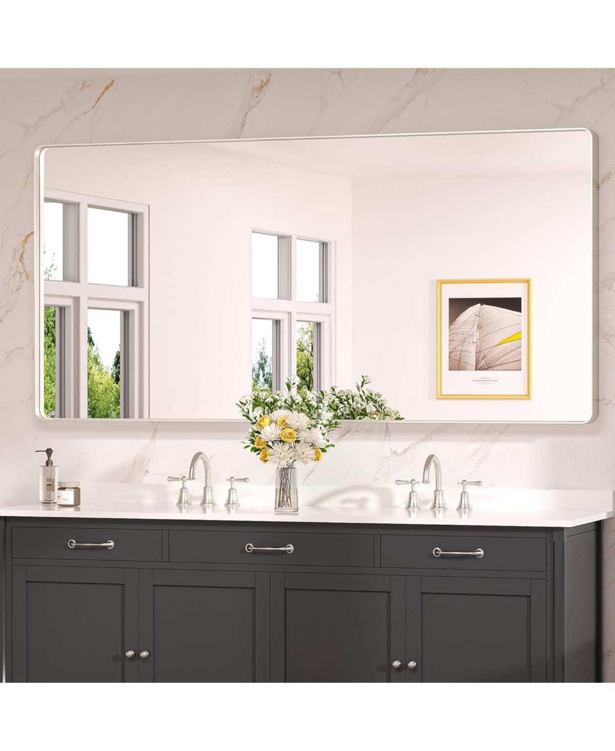 72x36 Inch Brushed Gold Bathroom Vanity Mirror Tempered Glass Metal Framed - Brushed nickel