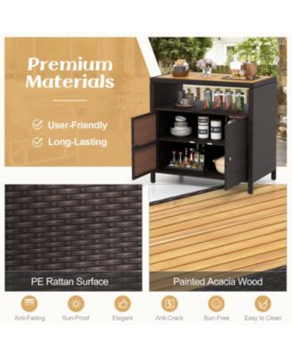 Rattan Storage Cabinet with Acacia Wood Countertop for Poolside Deck and Patio