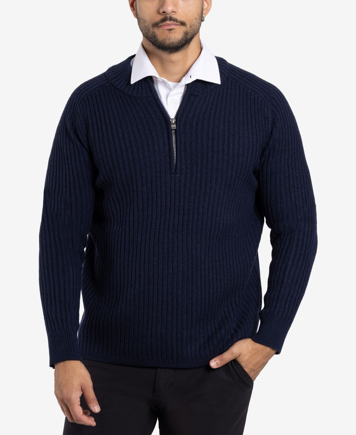 Мужской свитер X-Ray Ribbed Mock Neck Quarter-Zip, цвет: Тёмно-синий — фото 1