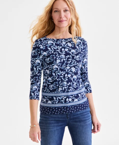 Petite Pima Cotton Floral Medallion 3/4-Sleeve Top - Gram Blue