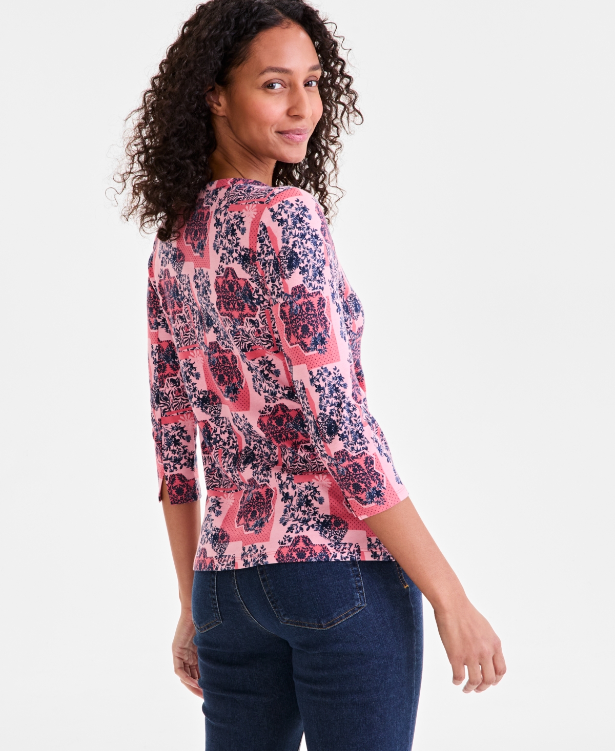 Style & Co Women's Printed Pima Cotton 3/4-sleeve Top, Exclusively At Macy's In Pink Patchwork