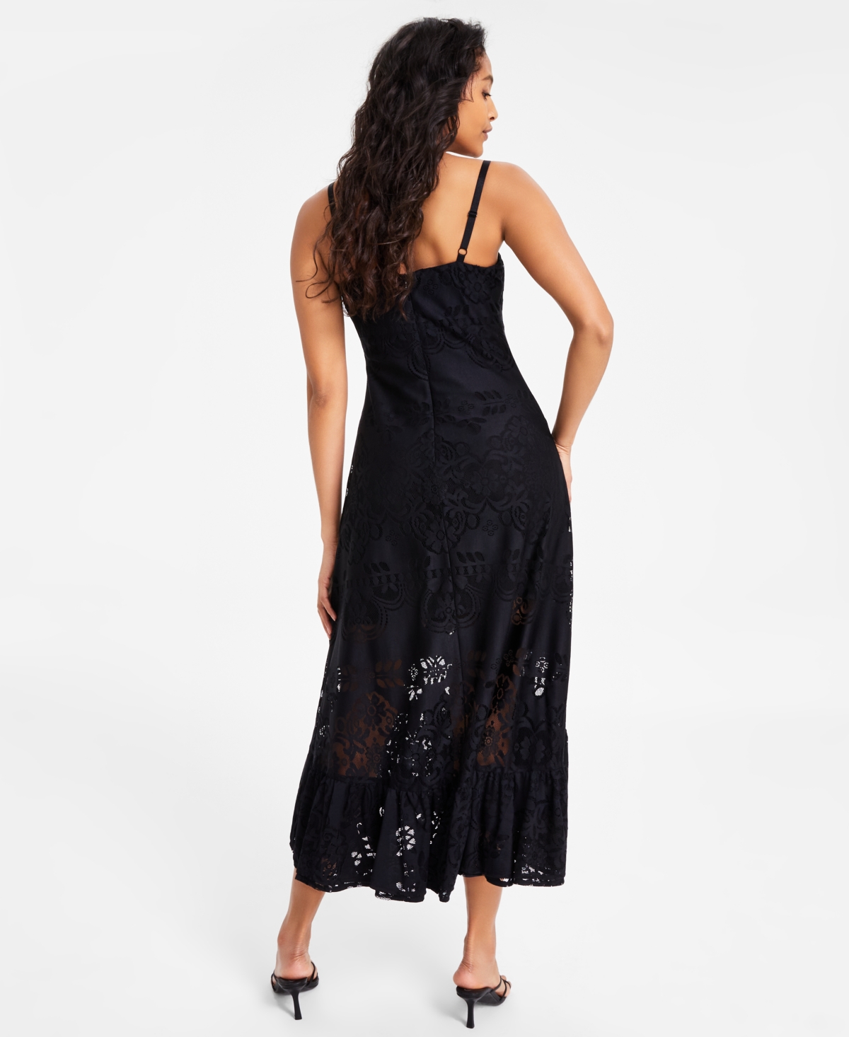 Bar Iii Women's Ruffled-hem Lace Midi Dress, Exclusively At Macy's In Deep Black