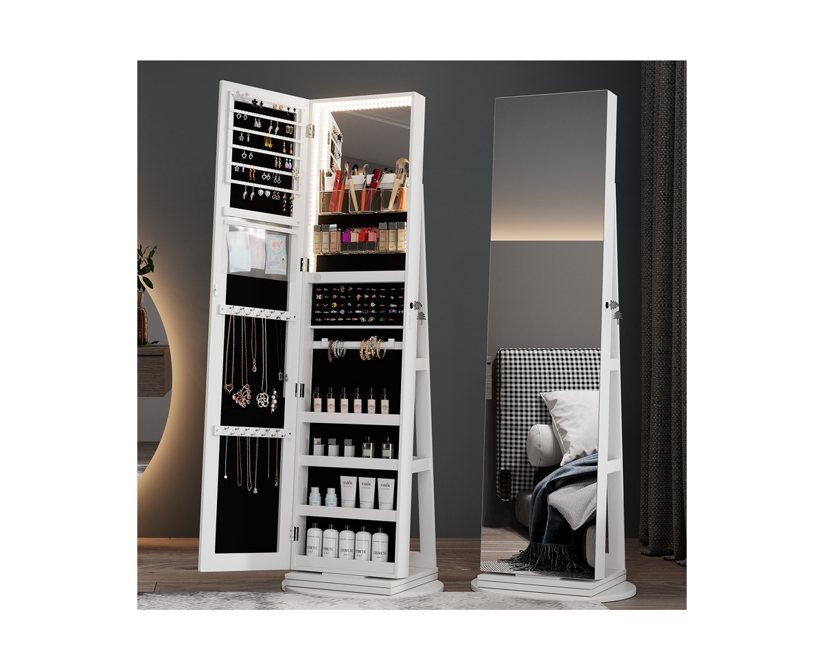 A 360&#xB0; swivel standing jewelry mirror cabinet with storage shelves, full-length mirror, and Led lights. - White
