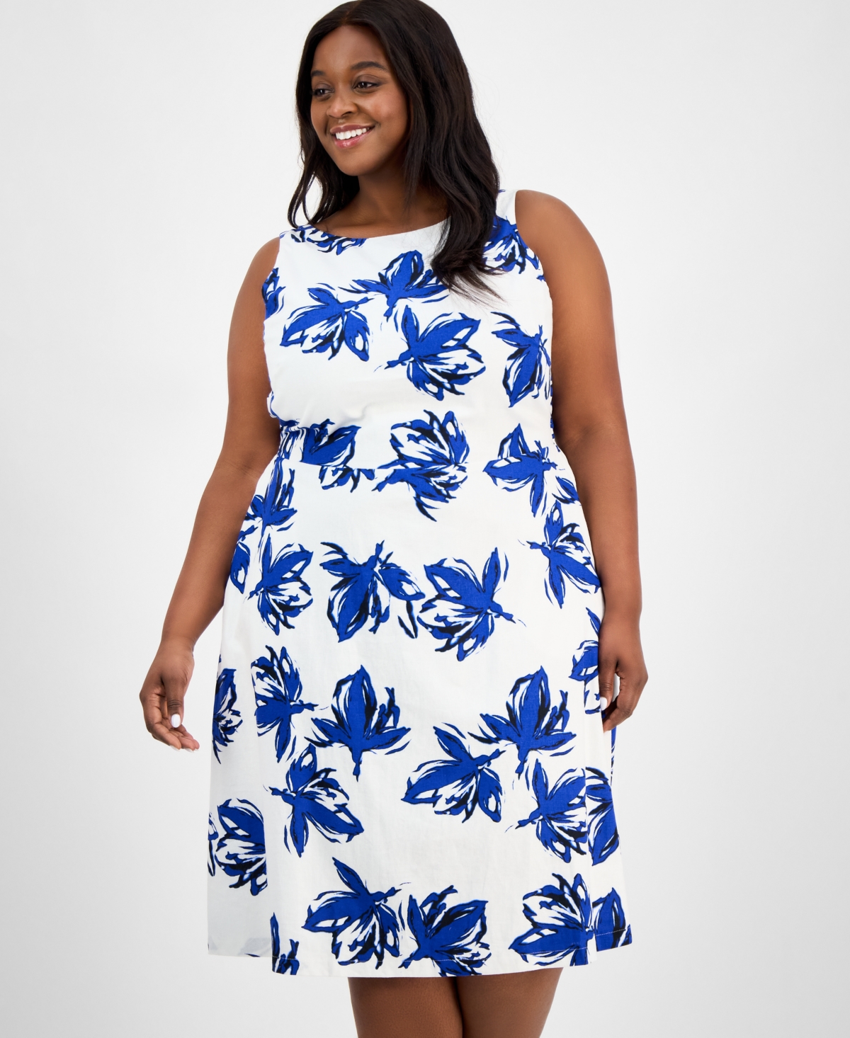 Anne Klein Plus Size Floral-print Linen-blend Fit & Flare Dress In Santorini Blue Multi