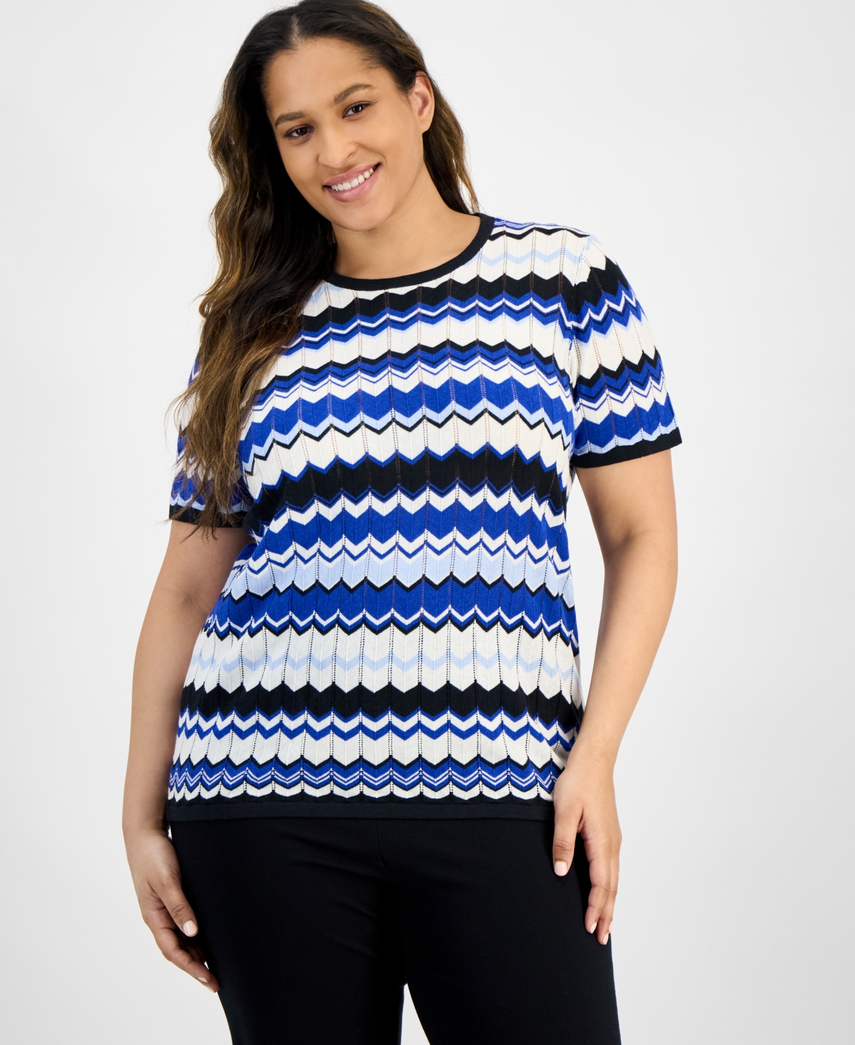 ANNE KLEIN PLUS SIZE CHEVRON-KNIT SHORT-SLEEVE SWEATER 