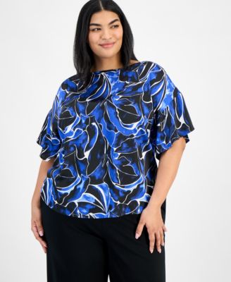 Anne Klein - Plus Size Printed Flutter-Sleeve Blouse