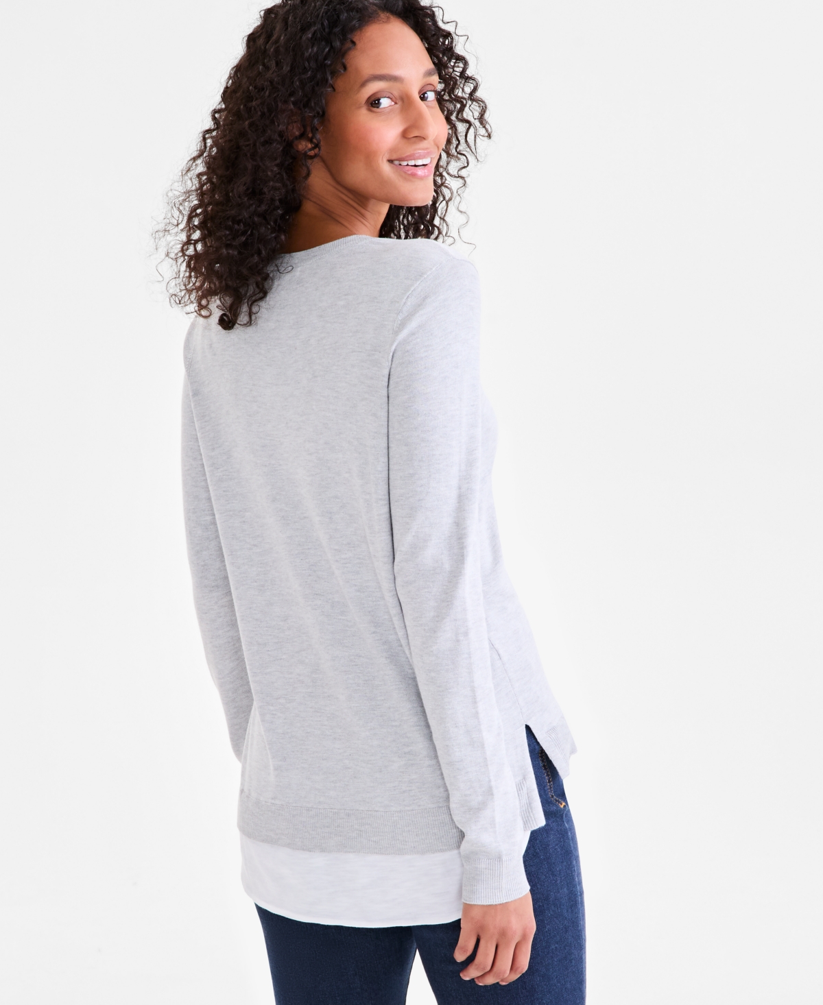 Style & Co Women's Split-neck Two-for-one Sweater, Exclusively Art Macy's In Sky Grey Heather